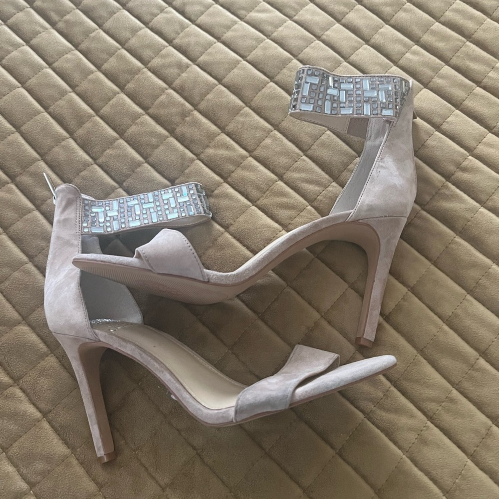 Tan/Taupe Open toe heels with rhinestone ankle strap